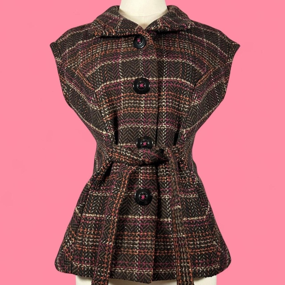Y2K CABI Multicolor Tweed Cap Sleeve Blazer Jacket Belted Mock Neck Womens S
